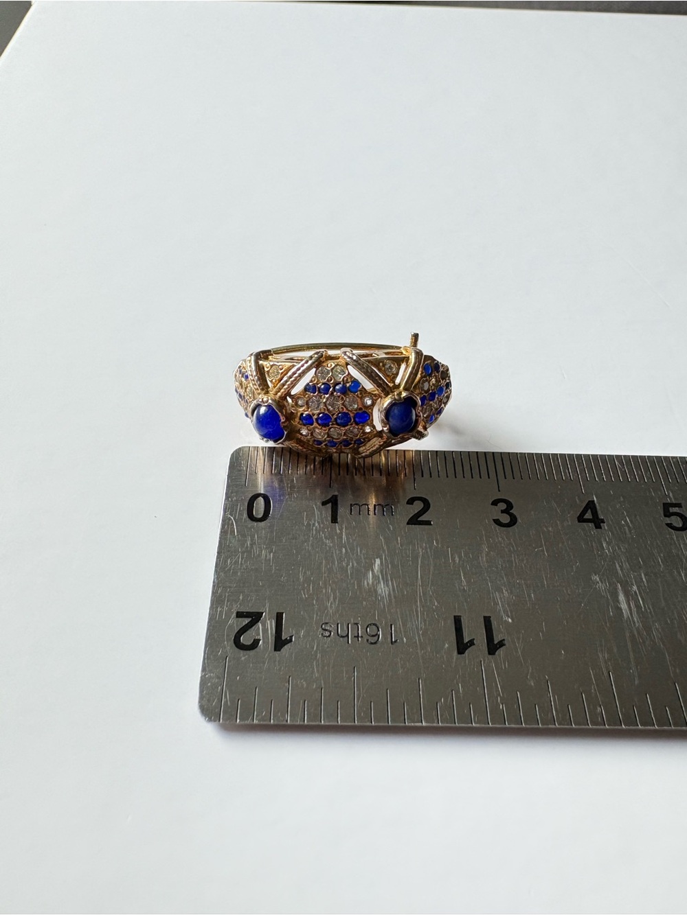 Vintage Gold Domed Sculptural Lapis Cabochon Rhinestone Diamond Stud Earrings - Picture 13 of 16